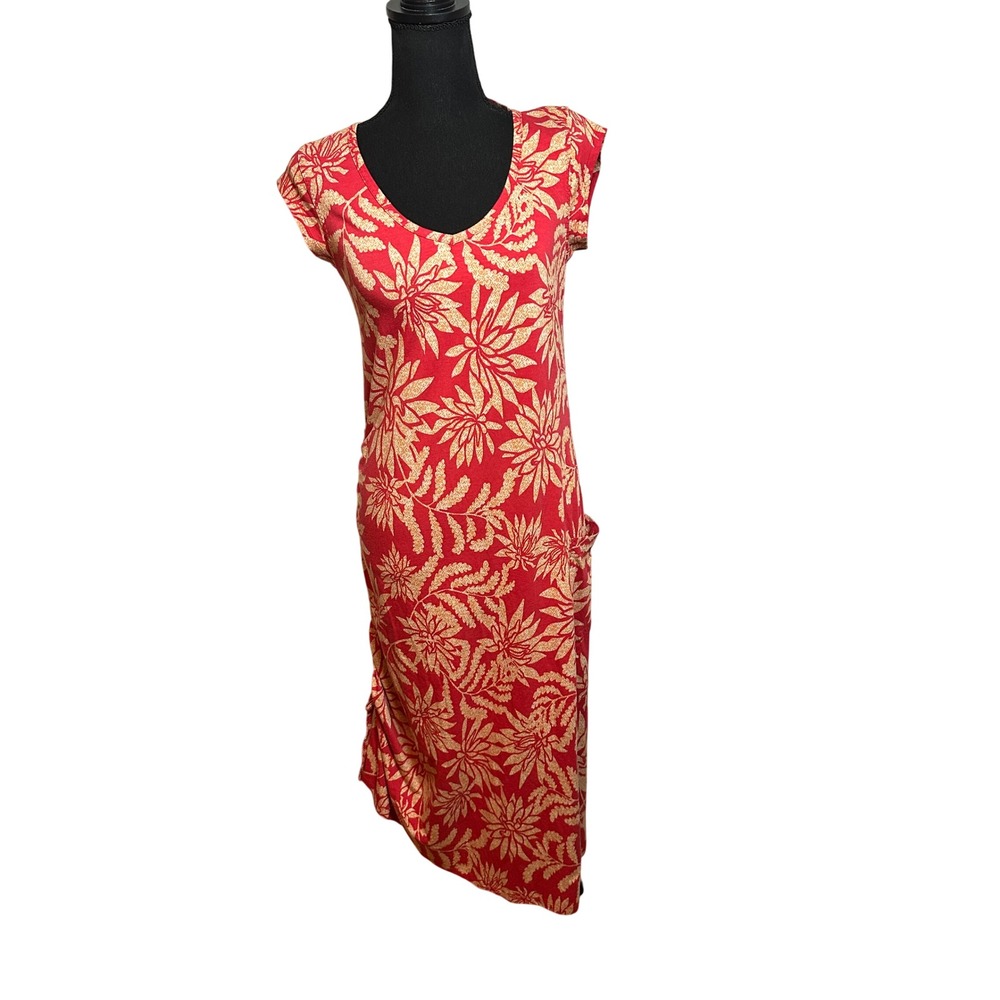 Toad&Co Red Floral Organic Cotton Modal Ruched Side pocket Midi Dress Small